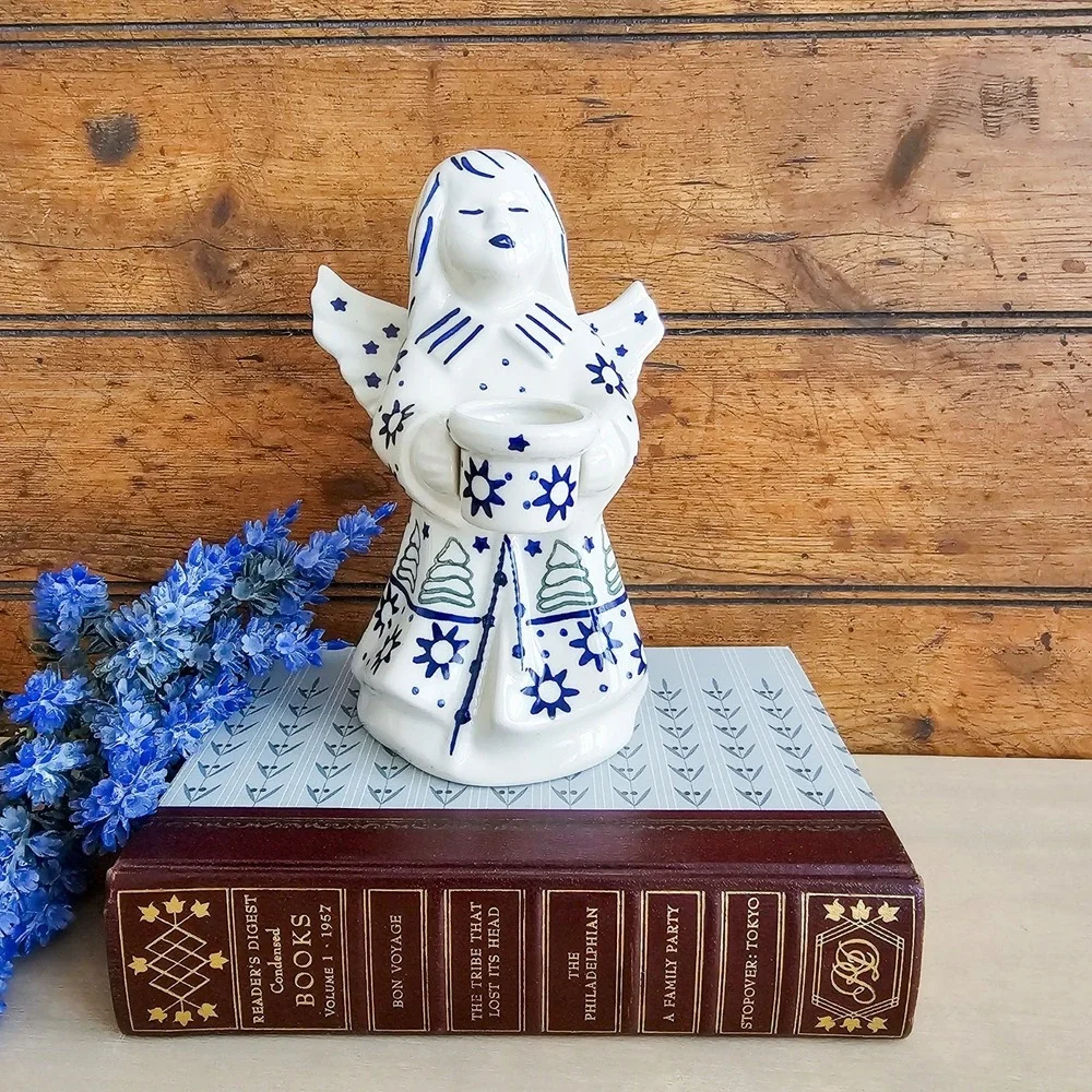 Vtg Polish Pottery Angel Taper Candle Holder Figurine Boleslawiec Cobalt Blue
